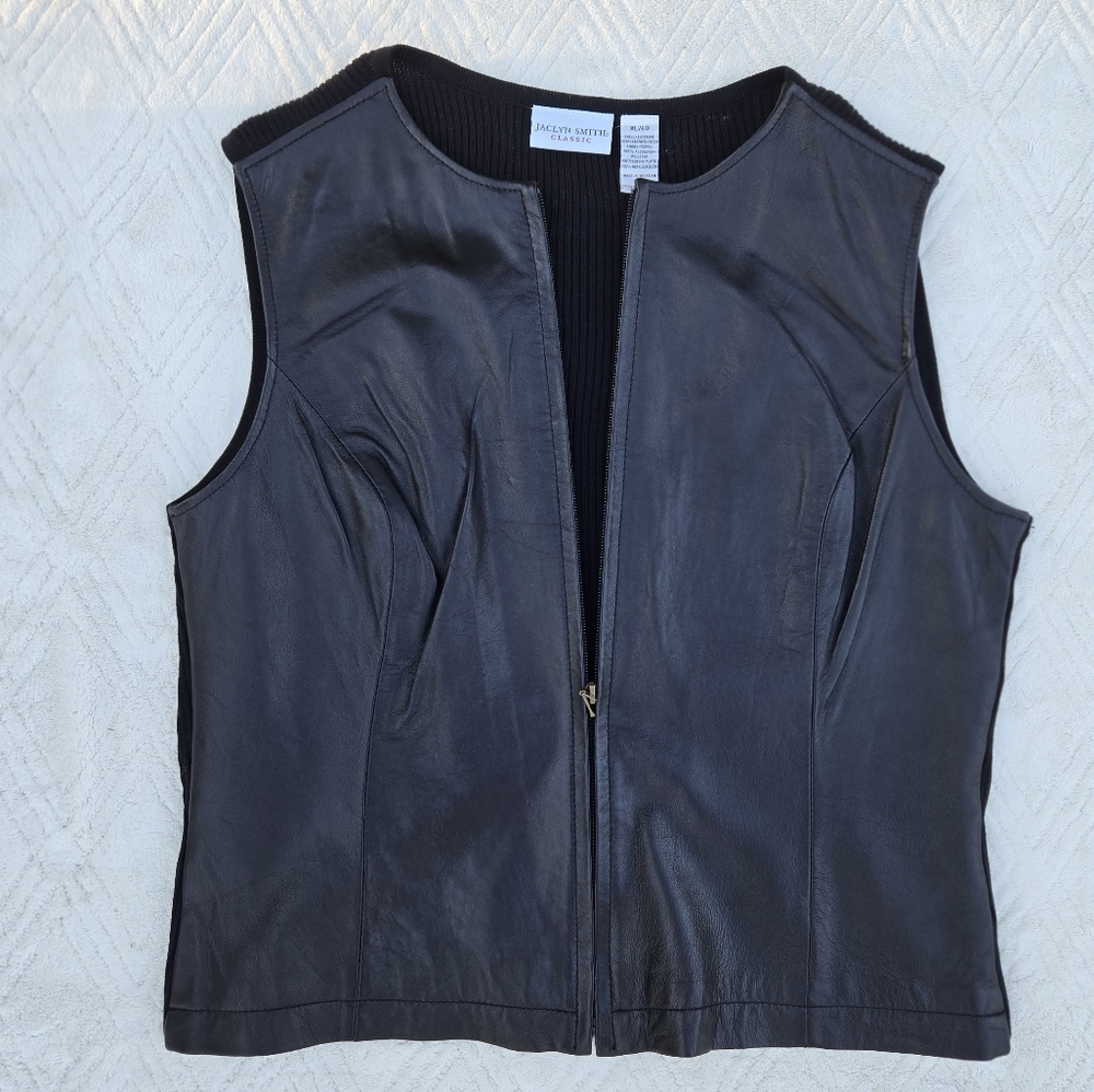 Vintage Jaclyn Smith Leather & Ribbed Knit Biker Vest Black Womens XL Minimalist